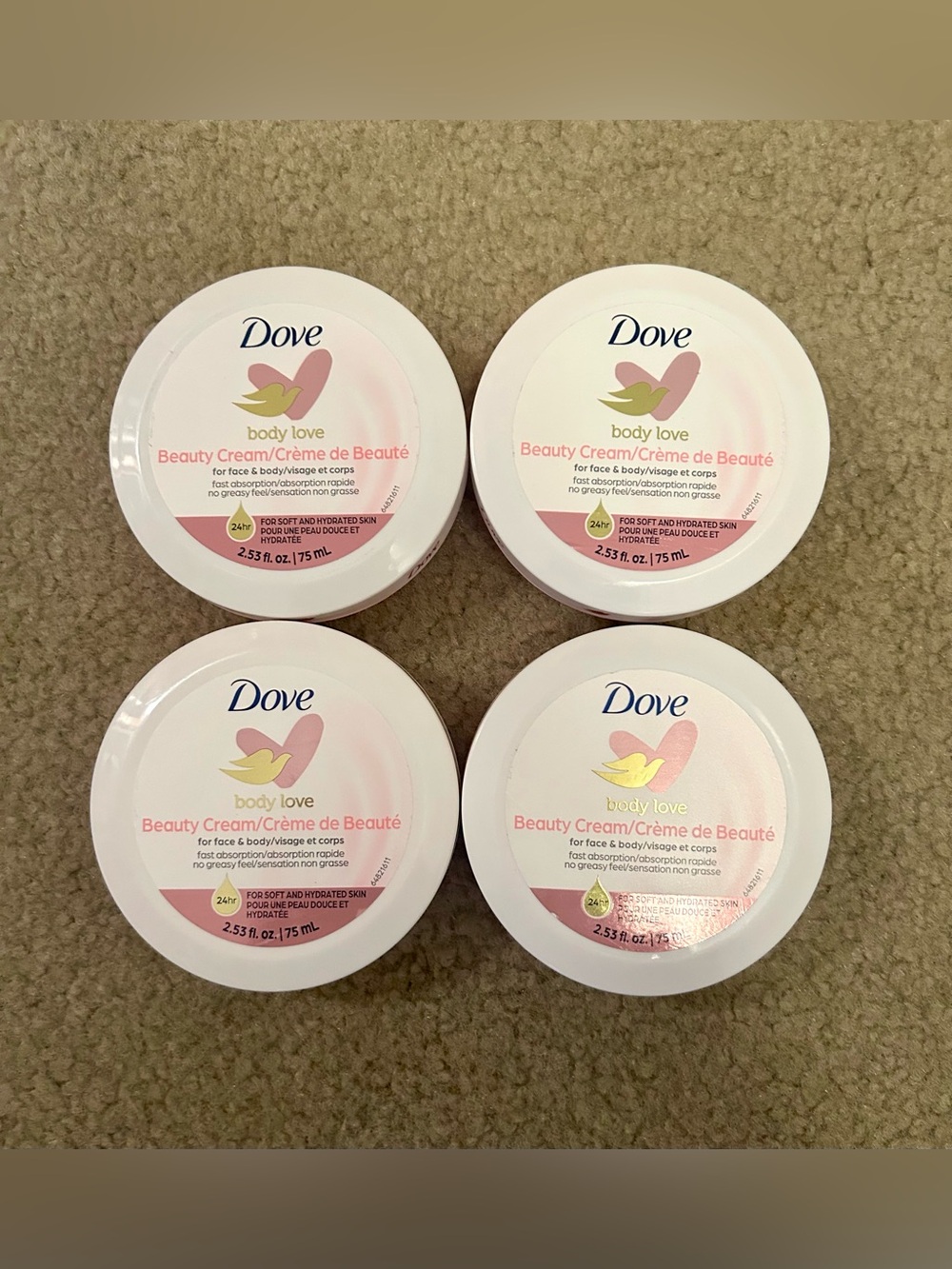 Dove Body Love Beauty Cream Face & Body 2.53 oz. Each Set of Four (4)